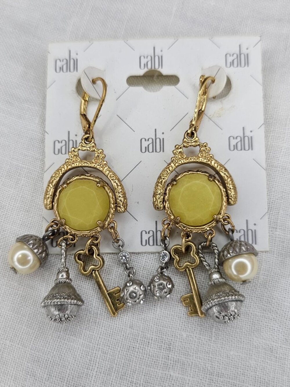 NWT CAbi #2178 Curio Gold & Silver Tone Dangle Earrings w Pearls & Yellow Stones